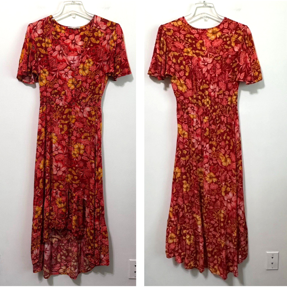Abel The Label Dress XS Midi Floral High Low Smoked Waist Henley Party Summer